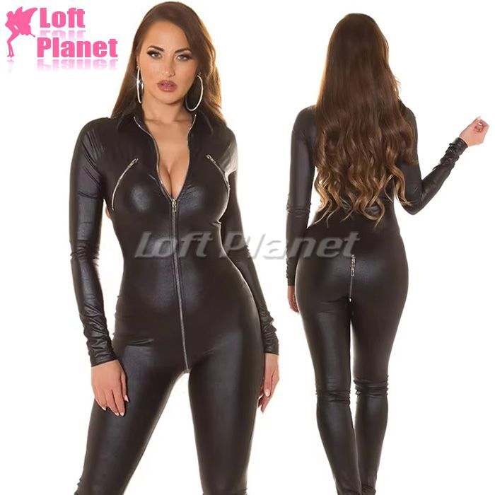 キャットスーツ ジッパー クロッチオープン 3スライダー レザー調 ストレッチ ボンテージ セクシーコスチューム 黒 -T 1