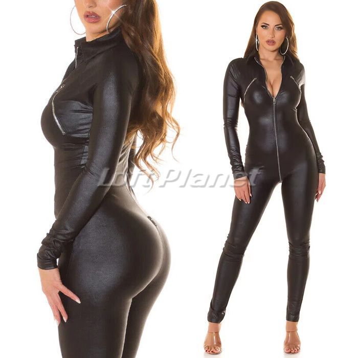 キャットスーツ ジッパー クロッチオープン 3スライダー レザー調 ストレッチ ボンテージ セクシーコスチューム 黒 -T 1