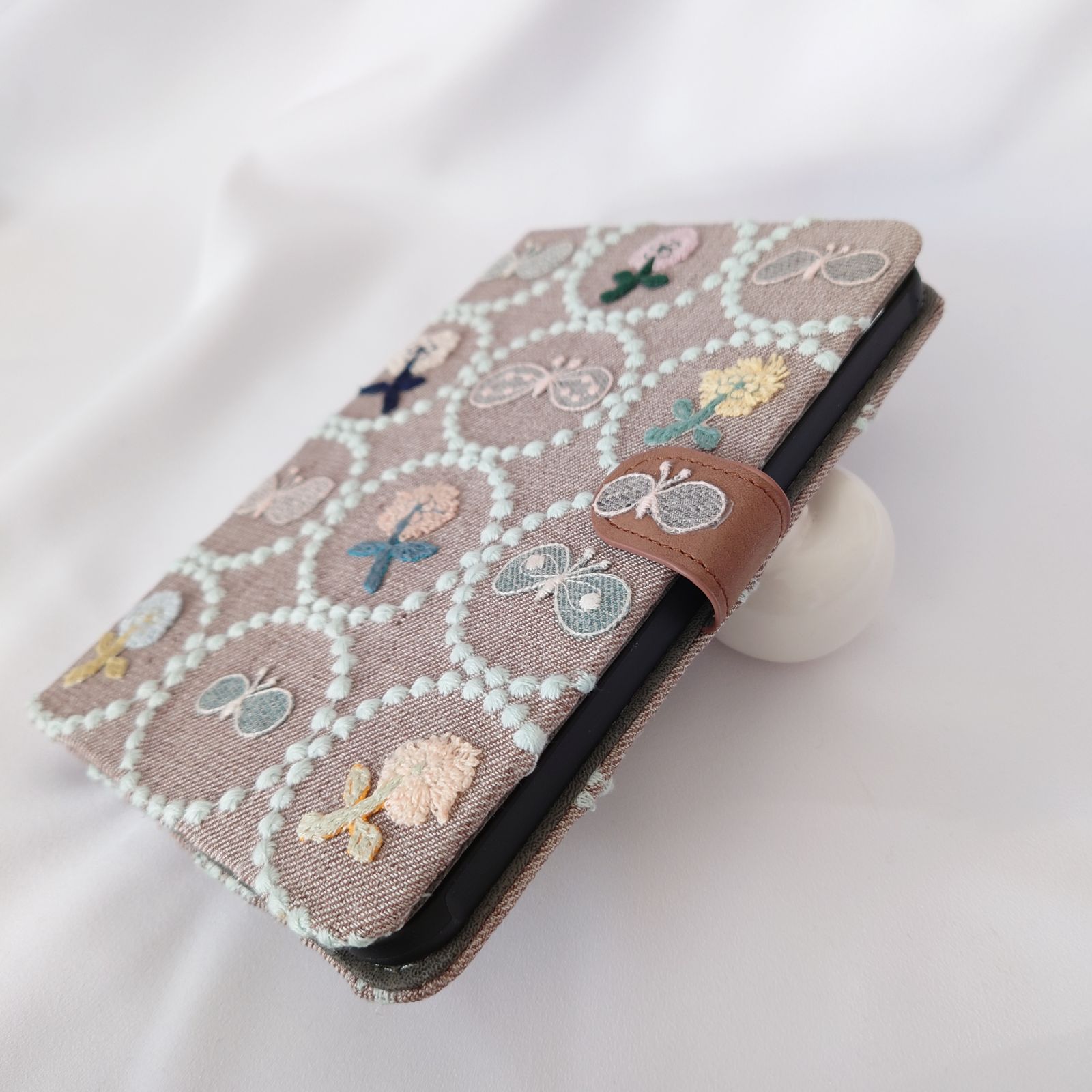 受注製作 ipadケース 刺繍18こ ブラウン×ライトブルー タンバリン ミナペルホネン skip choucho