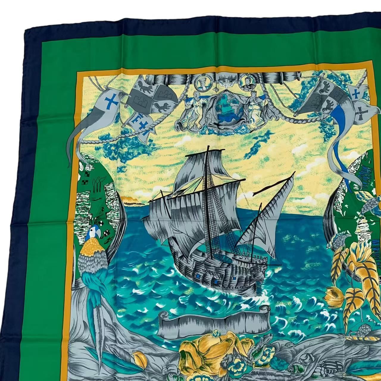 HERMES エルメス スカーフ カレ90 シルク Christophe Colomb decouvre 1 Amerique 12 Octobre 1492 クリストファー コロンブス グリーン
