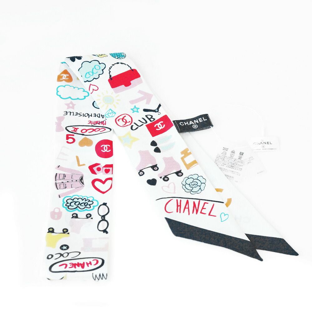 栄 シャネル スカーフ ヘアバンド ホワイト マルチカラー シルク 小物 その他 箱♥