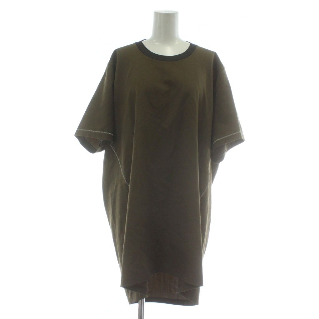 ランバン LANVIN Tシャツ カットソー ウール 五分袖 クルーネック ステッチ オーバーサイズ S カーキ |XZ