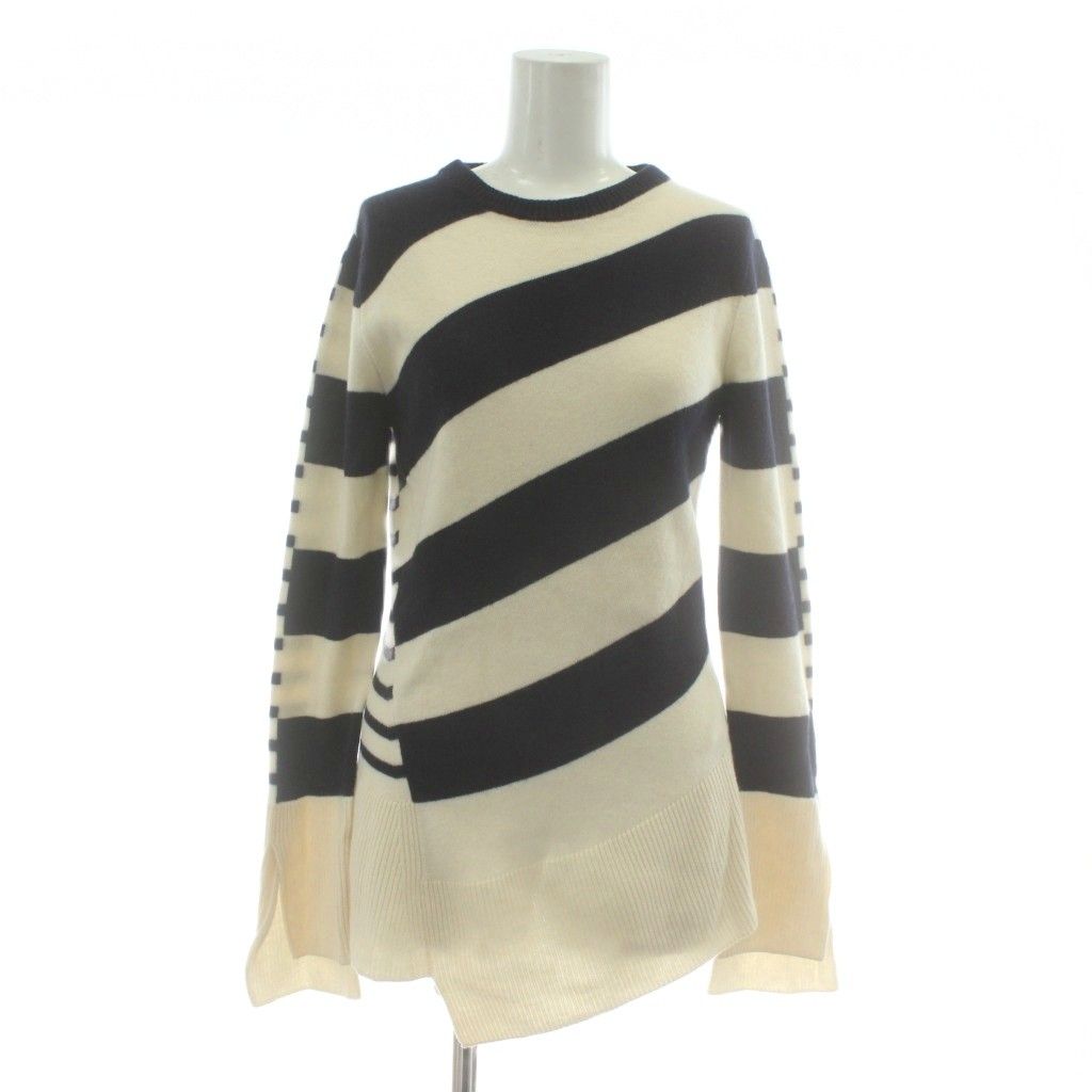アレキサンダーマックイーン ALEXANDER MCQUEEN ニット セーター ウール 長袖 クルーネック ボーダー 総柄 S 白 ホワイト 紺 ネイビー |XZ