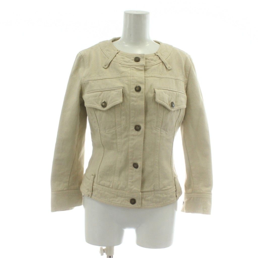 ドルチェ-ガッバーナ ドルガバ DOLCE-GABBANA デニムジャケット Gジャン ノーカラー 裏地ヒョウ柄 レオパード 38 M アイボリー |XZ