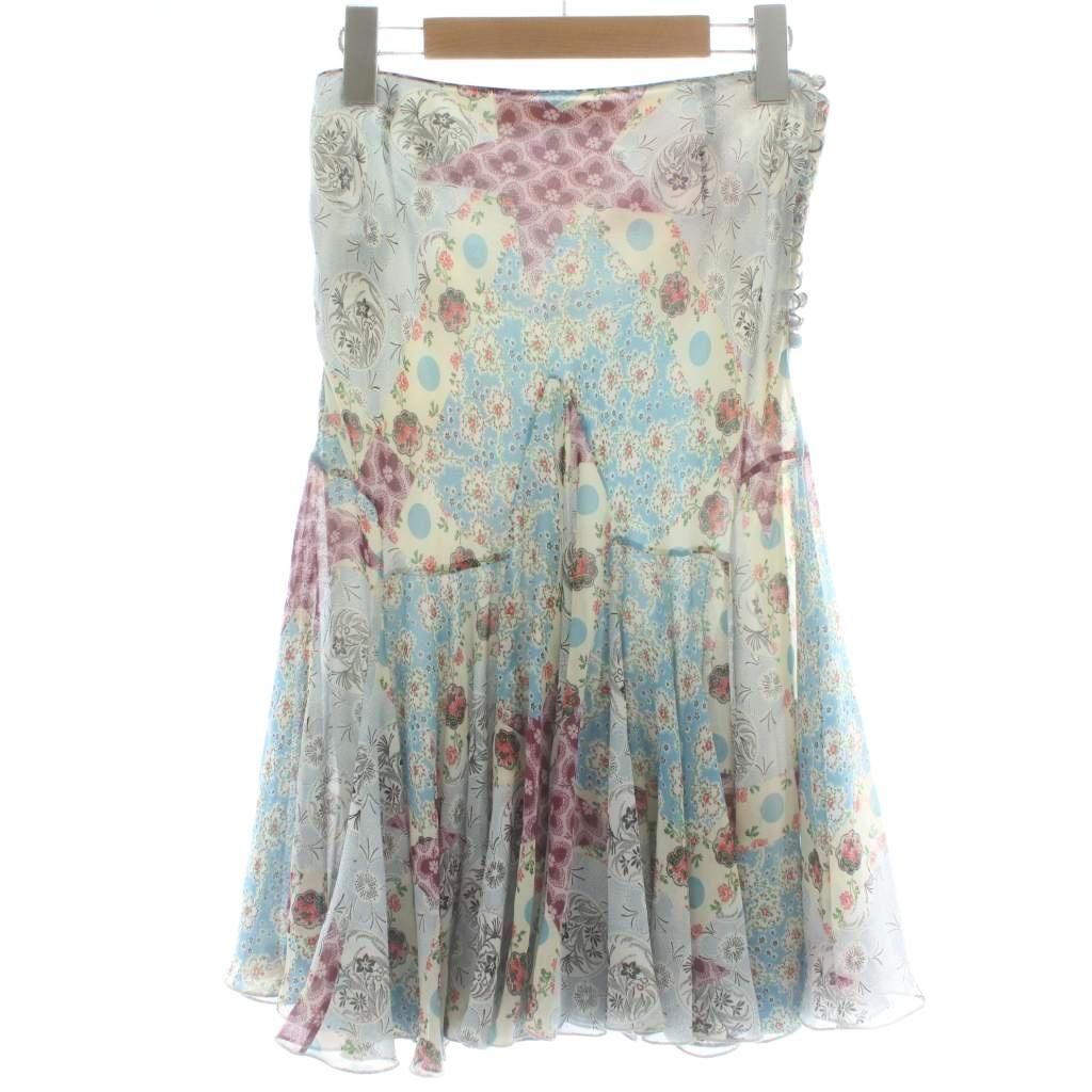 ジョンガリアーノ JOHN フ スカート 絹 シルク ひざ丈 花柄 総柄 36 S 青 ブルー マルチカラー |XZ