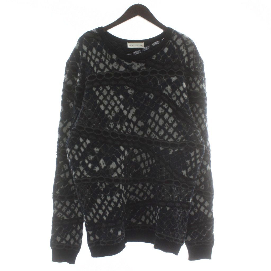 フェイスコネクション FAITH CONNEXION ニット セーター 長袖 クルーネック 総柄 M グレー 紺 ネイビー 黒 ブラック |XZ