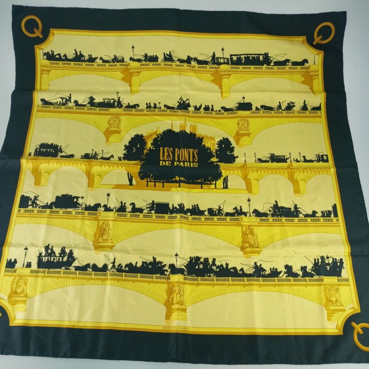 HERMES エルメス スカーフ カレ90 ブラック イエロー シルク レディース LES PONTS DE PARIS パリの橋