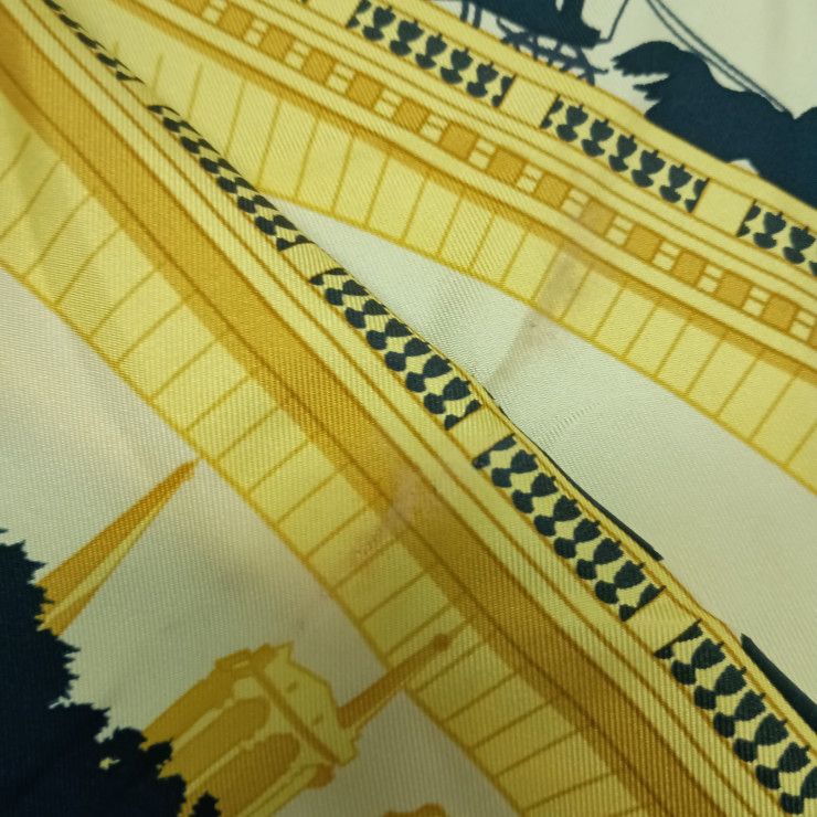  HERMES エルメス スカーフ カレ90 ブラック イエロー シルク レディース LES PONTS DE PARIS パリの橋 バンダナ スカーフ 小物