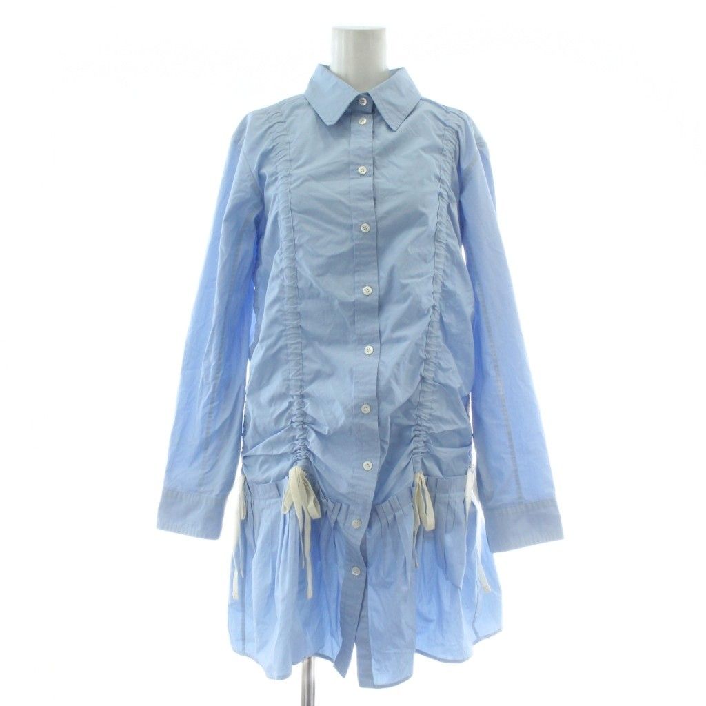 ルイヴィトン LOUIS VUITTON 旧タグ シャツワンピース 長袖 ひざ丈 ギャザー リボン 34 XS 青 ブルー |XZ