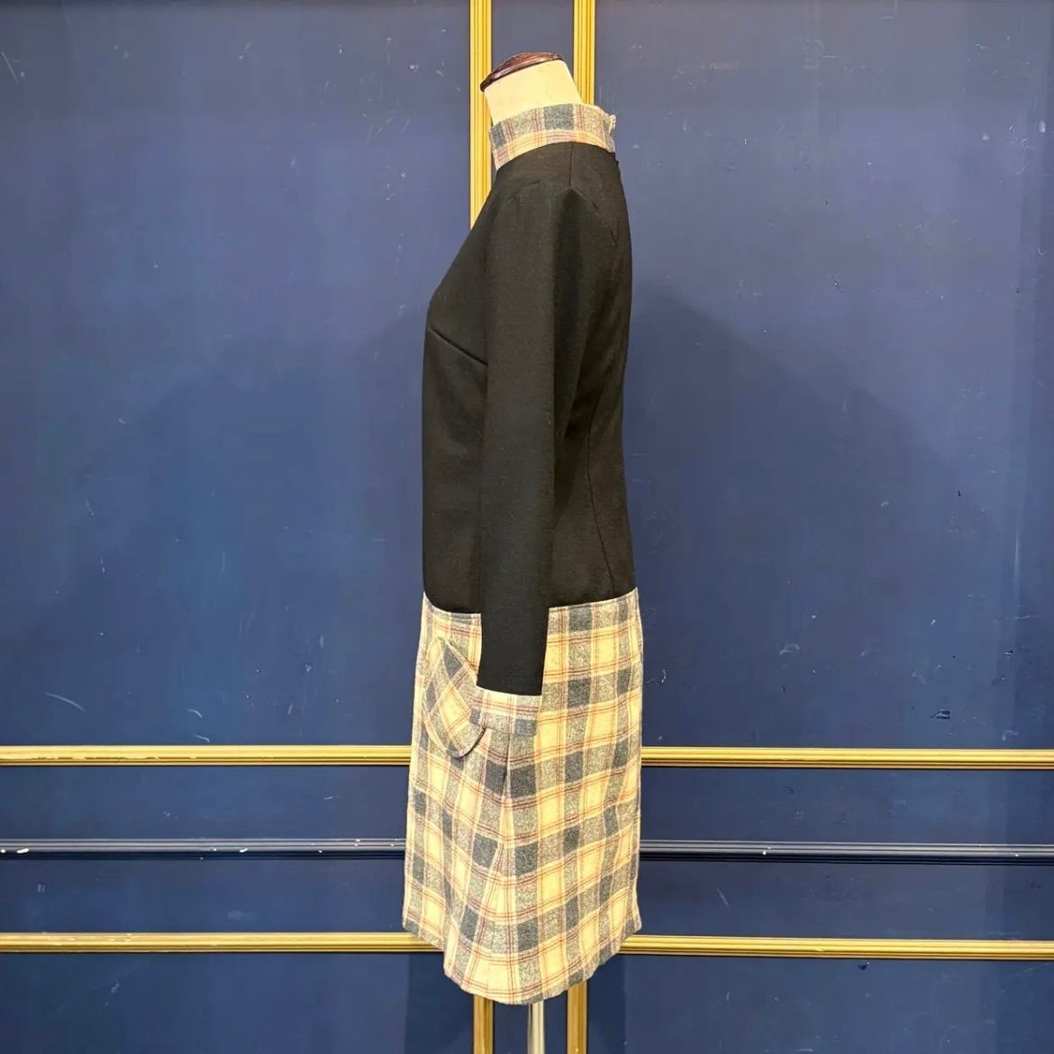 jewel trash×fab chic ワンピース ブラック×ベージュチェック モッズ 昭和 レトロ ミッドセンチュリー スペースエイジ タータンチェック