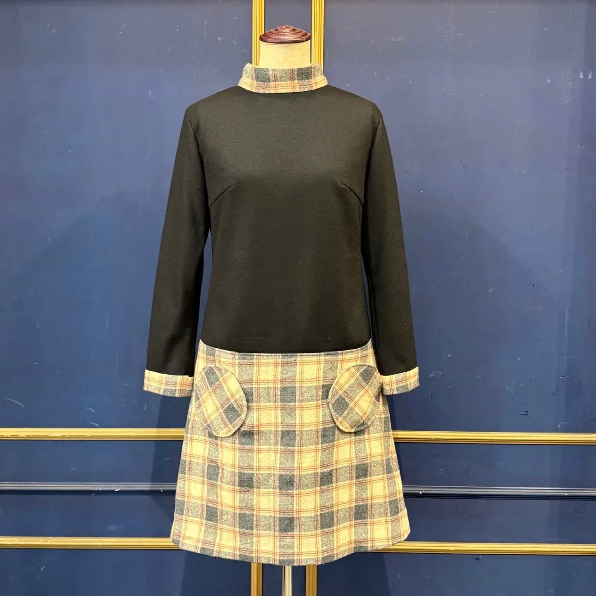 jewel trash×fab chic ワンピース ブラック×ベージュチェック モッズ 昭和 レトロ ミッドセンチュリー スペースエイジ タータンチェック