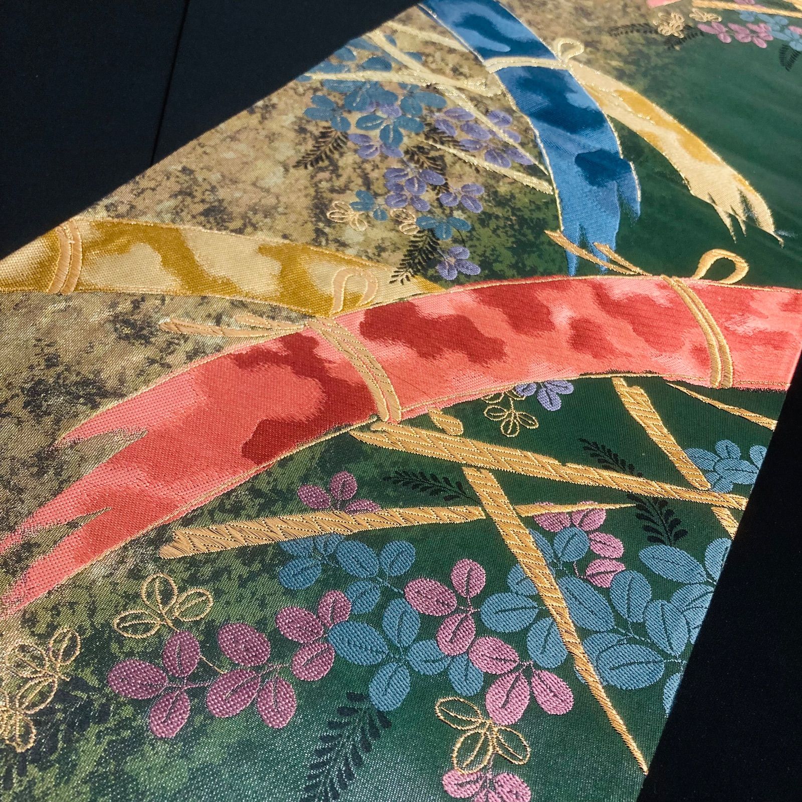 着物と帯オレンジ y 264 お仕立て上がり|グリーンと金の地竹に萩西陣正絹袋帯|六通