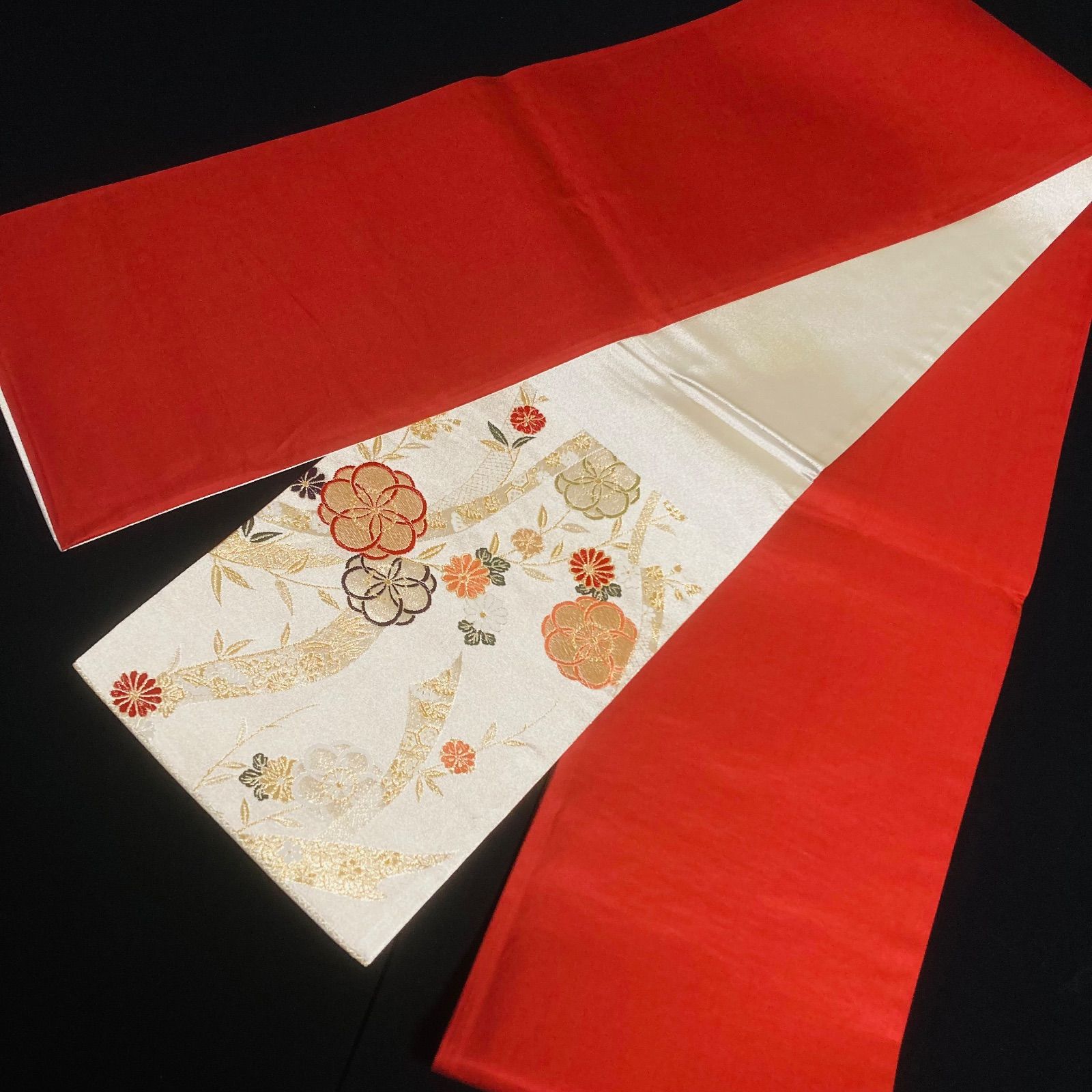 予約済YM5【着物と帯オレンジ】割と綺麗な正絹袋帯10点■西陣唐織引箔着用美品■ 着物と帯オレンジ y265□お仕立て上がり/白銀の地熨斗に花西陣正絹袋帯