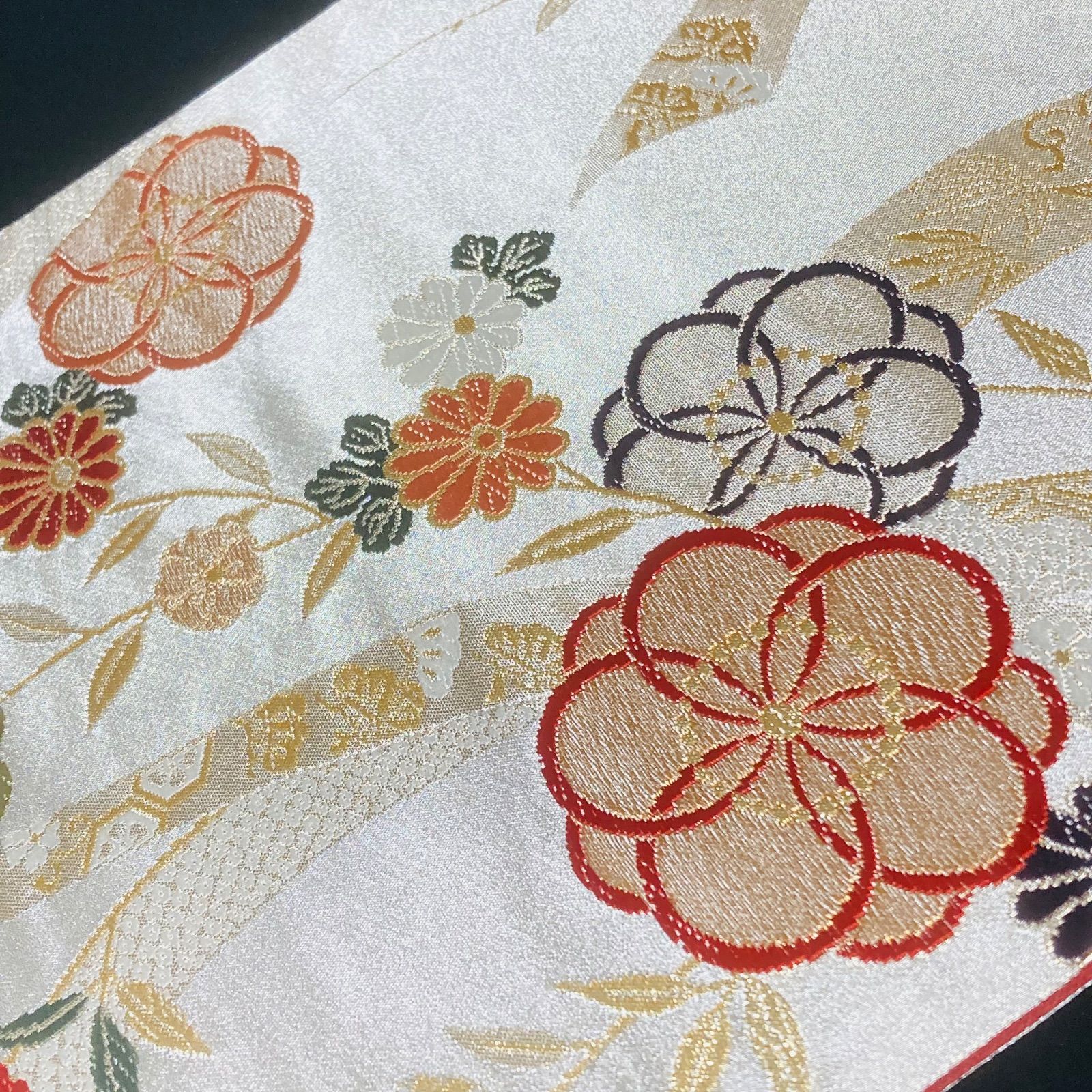着物と帯オレンジ y265□お仕立て上がり/白銀の地熨斗に花西陣正絹袋帯