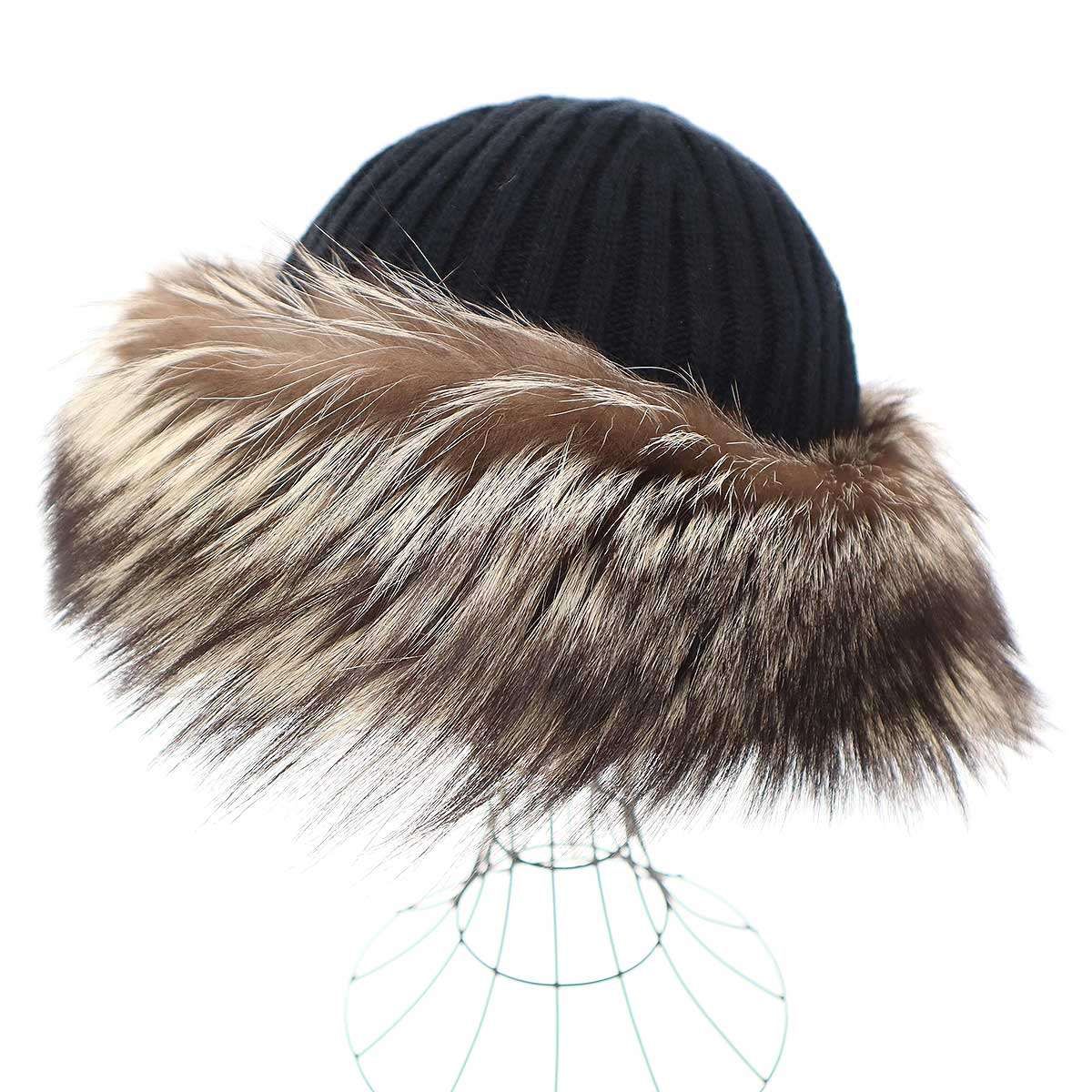 PRADA プラダ フォックスファーデザインニットキャップ LN 01583 ブラック M