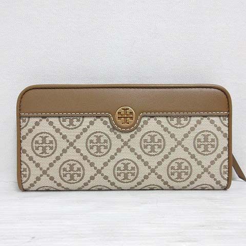 トリーバーチ TORY BURCH 長財布 ロング ウォレット Tモノグラム ジャガード レザー 二つ折り 茶 ベージュ AA