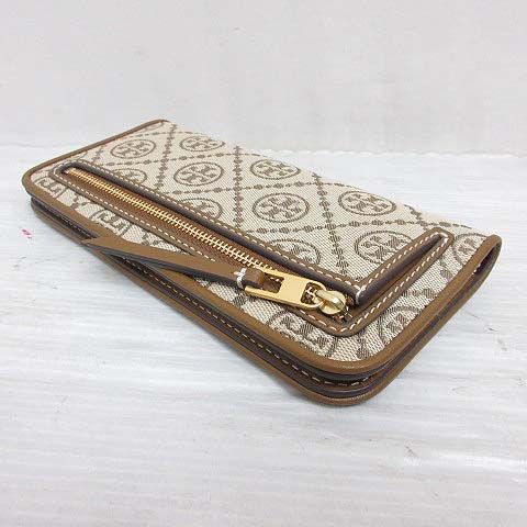 トリーバーチ TORY BURCH 長財布 ロング ウォレット Tモノグラム ジャガード レザー 二つ折り 茶 ベージュ AA ロンT ワードローブ
