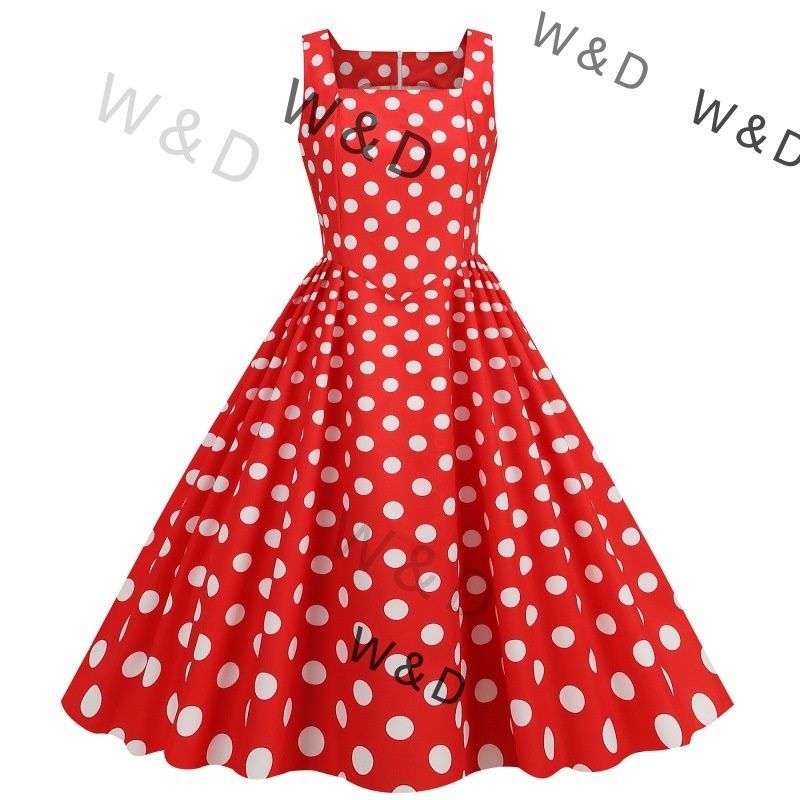 【送料無料】スクエアネック ノースリーブ フレアーワンピース ウエストシェイプ レトロ おしゃれ エレガント ヴィンテージ 女性らしい デイリー