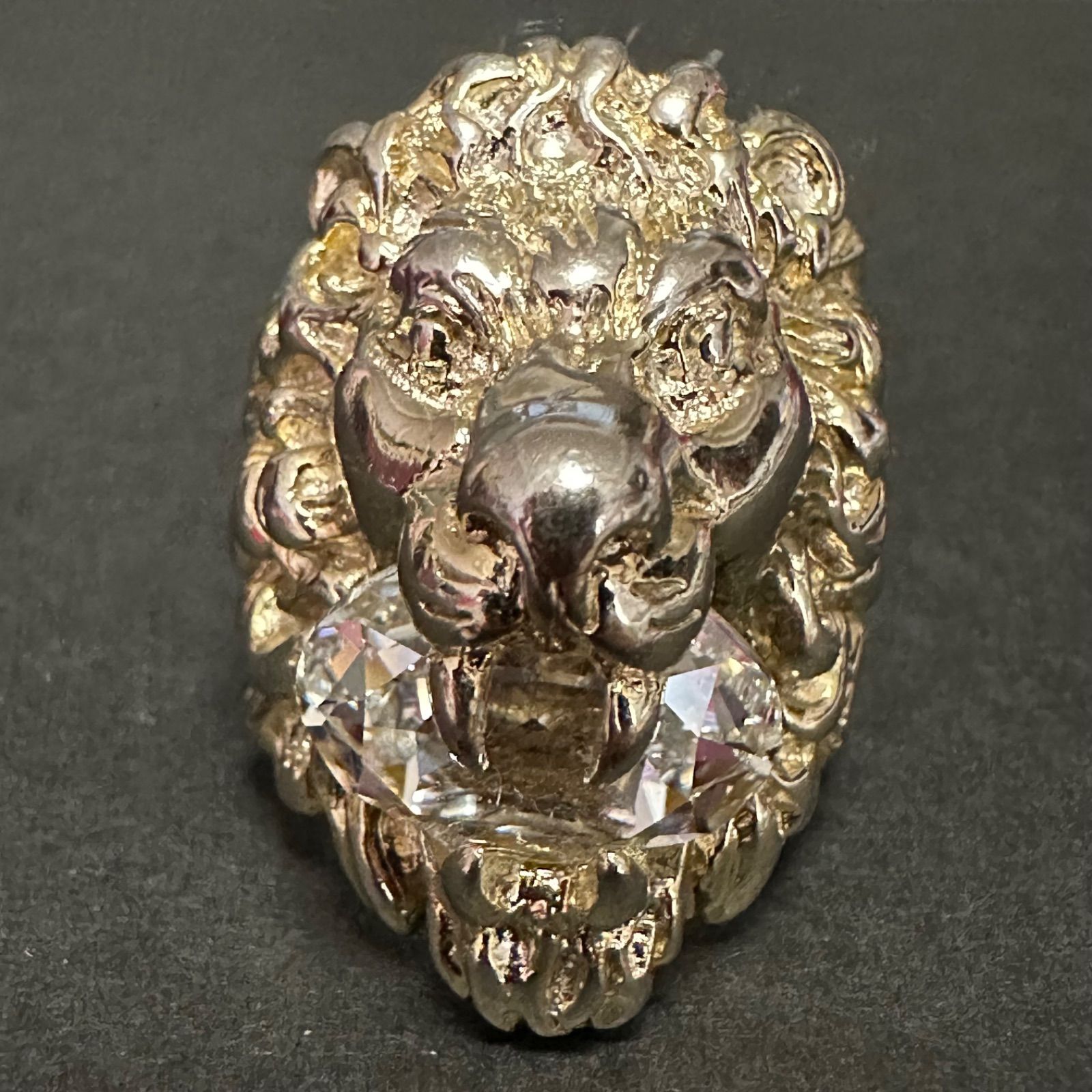 グッチ GUCCI 指輪 リング 16号 ライオンヘッド ライオンリング メンズ レディース 男女兼用 GP 透明石 ゴールド 色石 クリア ホワイト