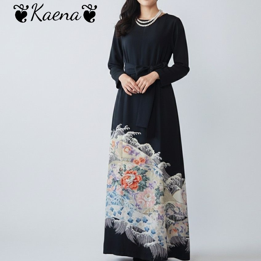 着物リメイク　総刺繍　ワンピース　黒留袖　ロング　Aライン　ドレス　参勤交代花文 着物リメイク ワンピース 黒留袖 ドレス ロング Aライン 花車文 金彩