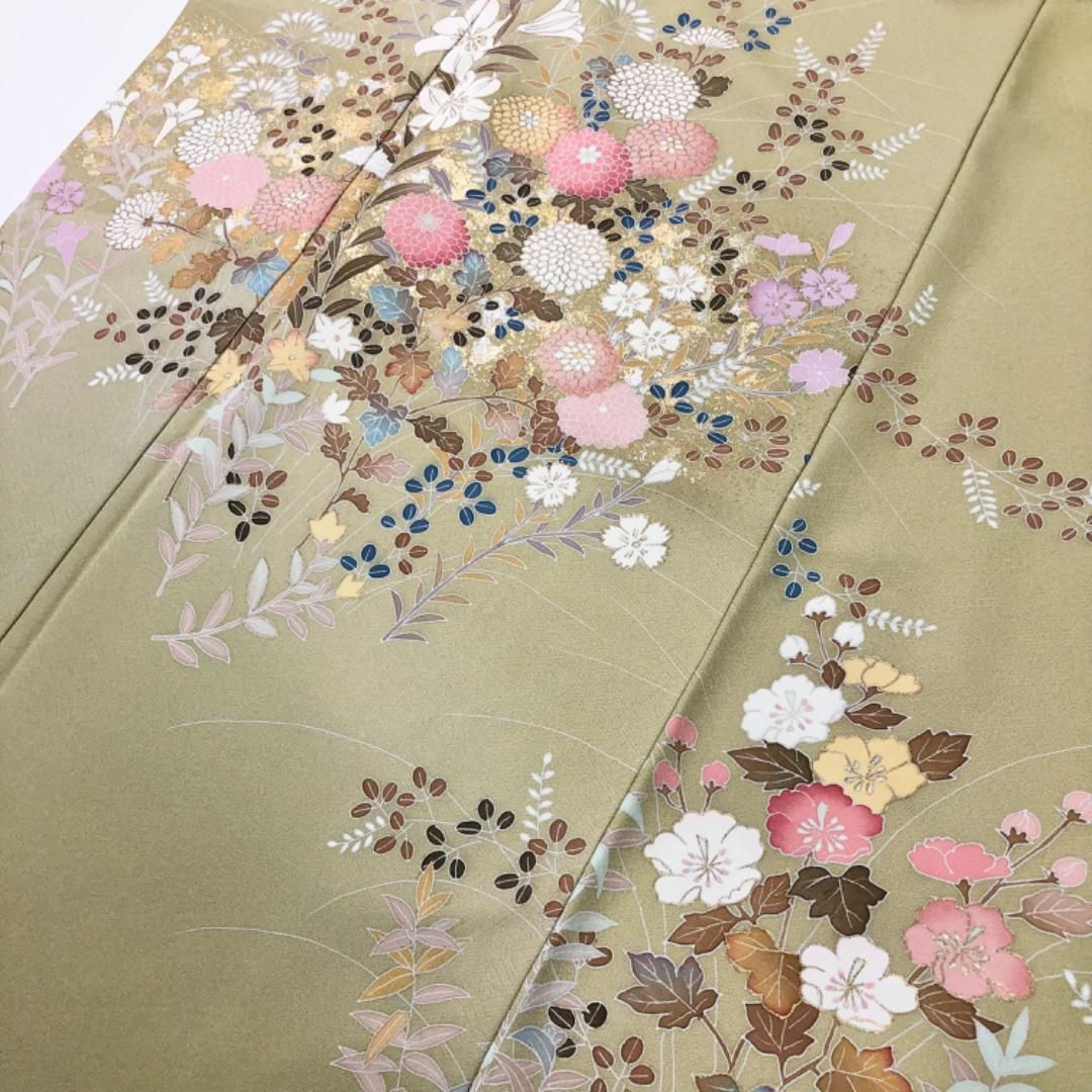 訪問着 作家物 美しい花模様 菊 萩 金銀彩 枯草色 K-5639 菊に藤の花友禅訪問着(S20_11240Je) 着物紹介