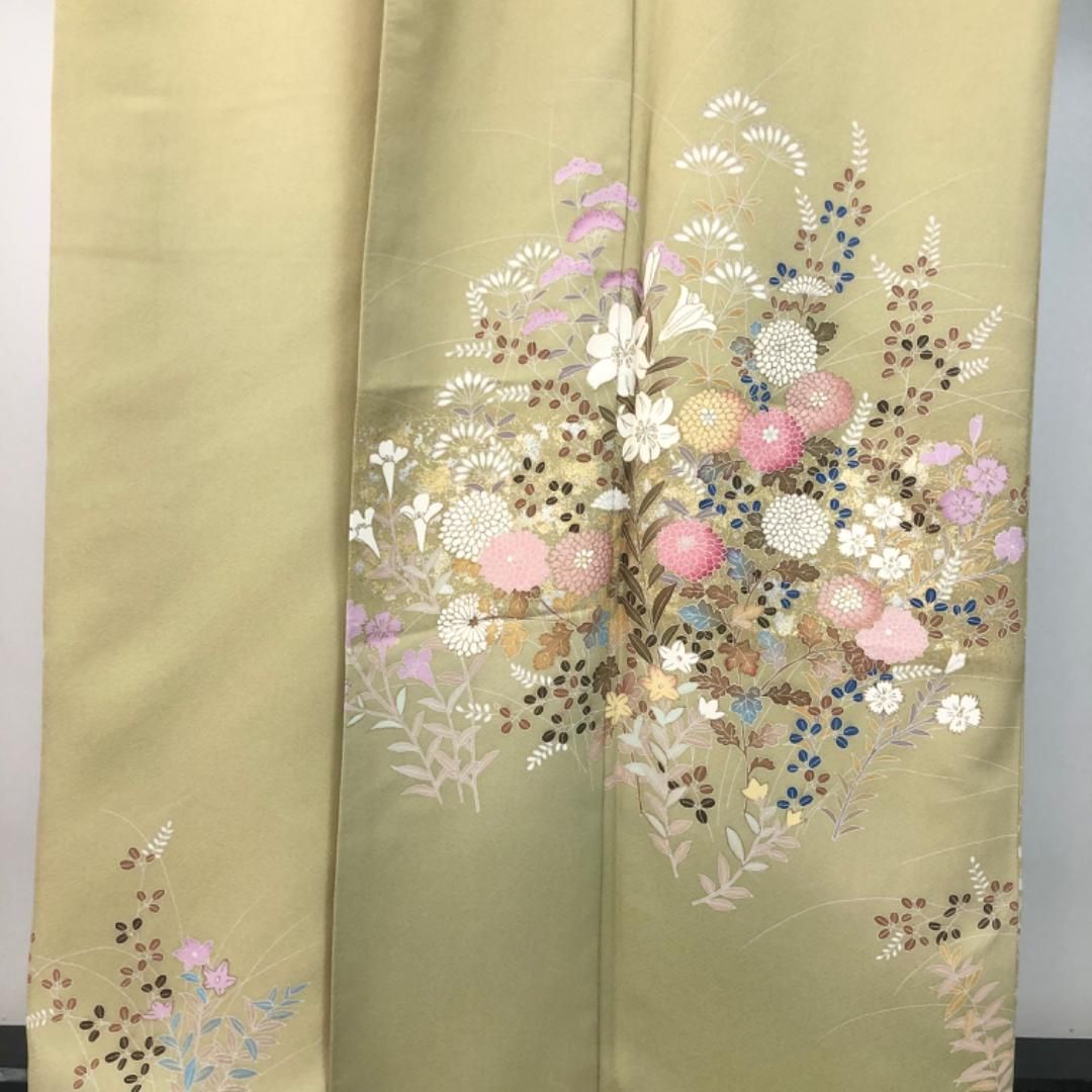 訪問着 作家物 美しい花模様 菊 萩 金銀彩 枯草色 K-5639 【公式通販】