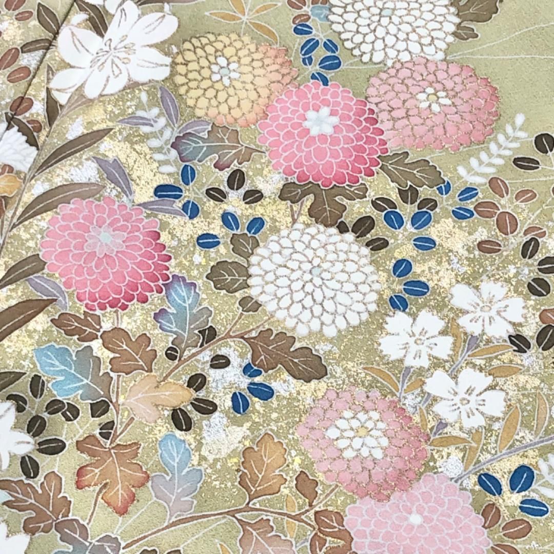 訪問着 作家物 美しい花模様 菊 萩 金銀彩 枯草色 K-5639 【公式通販】