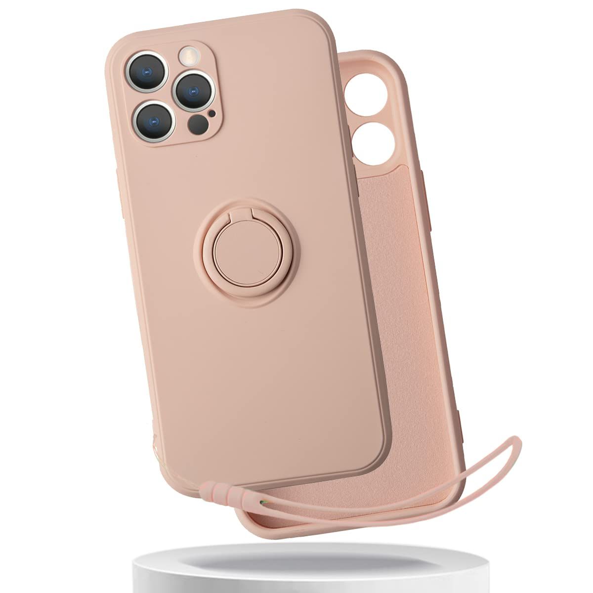 適用 iphone 12 pro ケース リング ストラップ付き シリコン アイフォン プロ カバー リング付き シリコーン アイフォン12プロ スマホケース 薄型 軽量 GoKIGIoD バンパー ストラップホール 携帯カバー 耐衝撃 ピンク