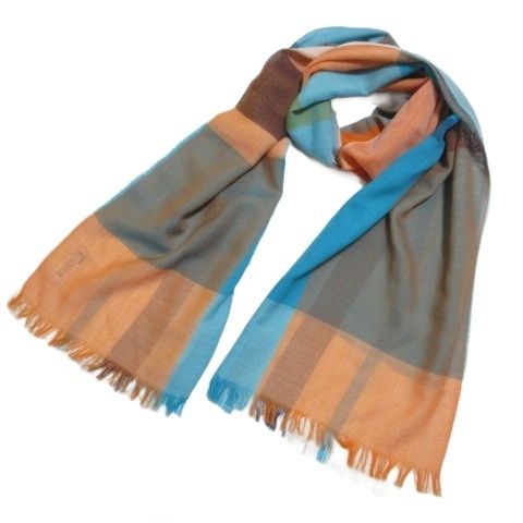 ジョンストンズオブエルガン Johnstons of Elgin ストール ライトウェイトメリノスカーフ サマーウール チェック フリンジ ブルー オレンジ ホワイト |X