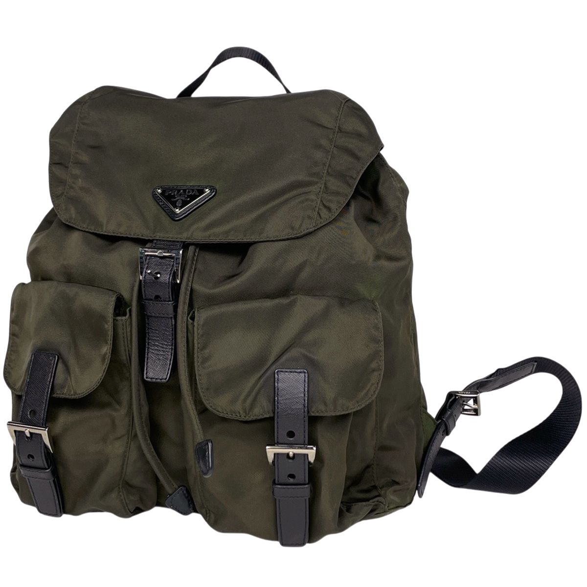 プラダ PRADA ロゴプレート リュックサック バックパック リュック ナイロン カーキ ブラック レディース