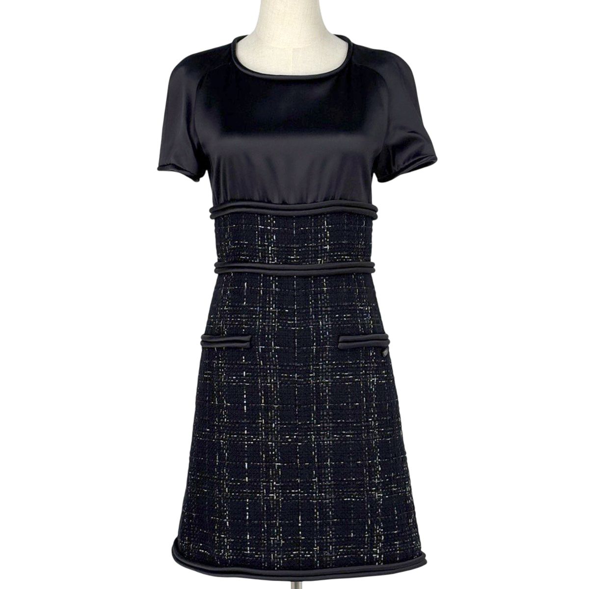 シャネル CHANEL ココマークボタン ツイード ワンピース 半袖 スカート コットン ウール ポリエステル ブラック レディース