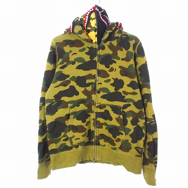 アベイシングエイプ A BATHING APE 1 ST CAMO SHARK WIDE FIT FULL ZIP DOUBLE HOODIE ジップアップ シャーク パーカー フーディ S カーキ