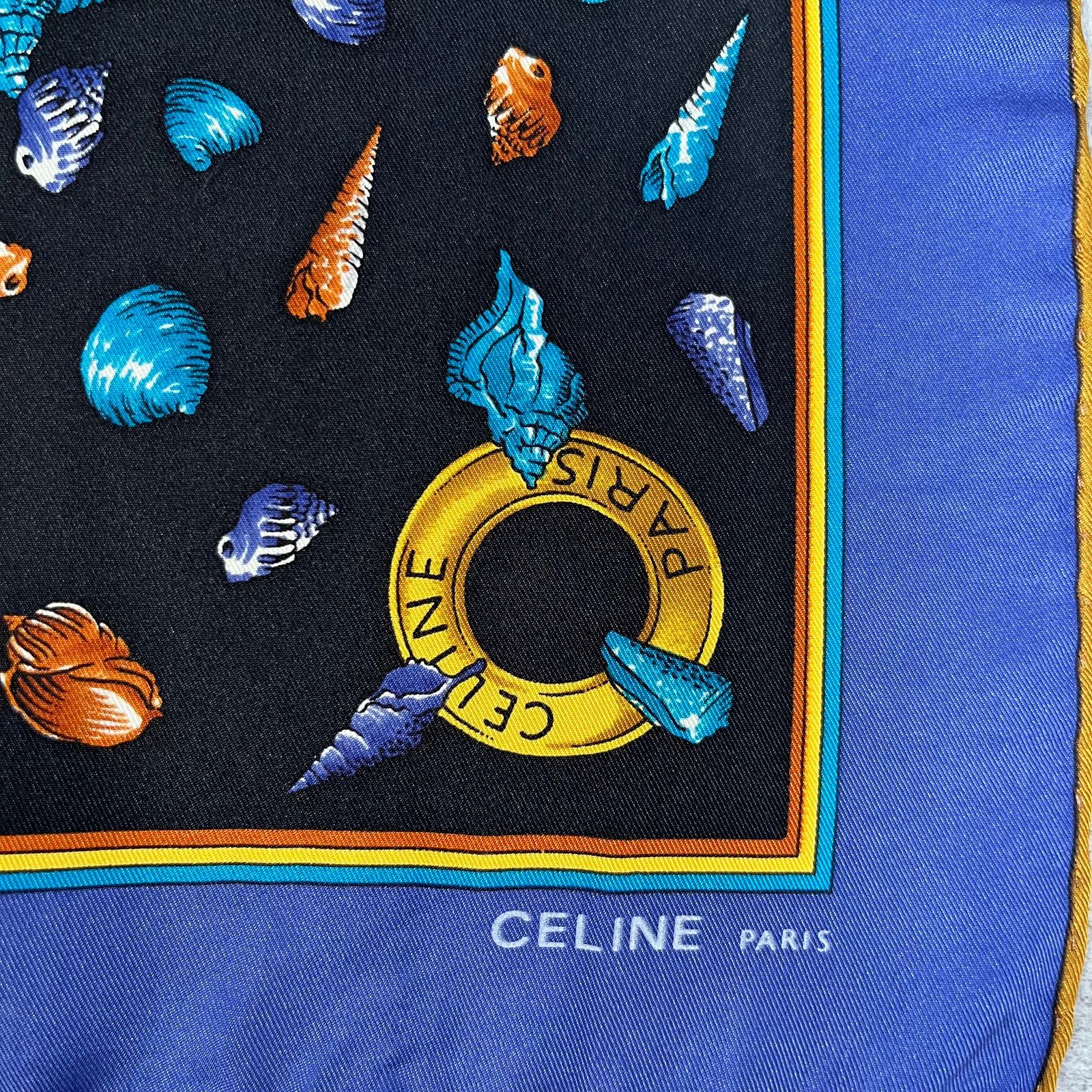 CELINE】セリーヌ スカーフ ネイビー ブルー 海 貝殻 シェル 魚 羊 人