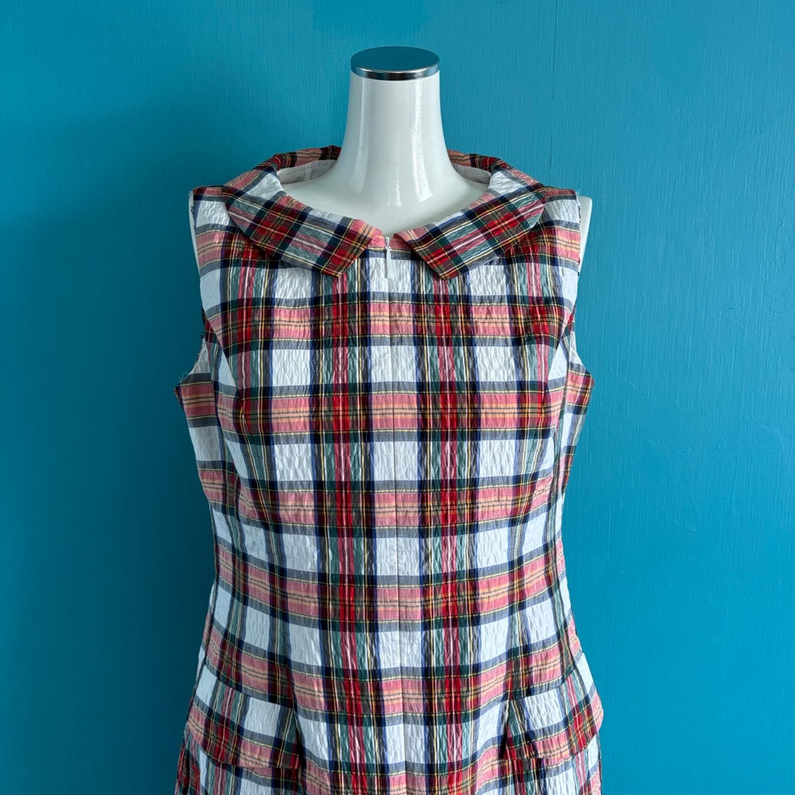 1130 René TISSUE社製 高級シルク混 ワンピース チェック柄 36 膝丈