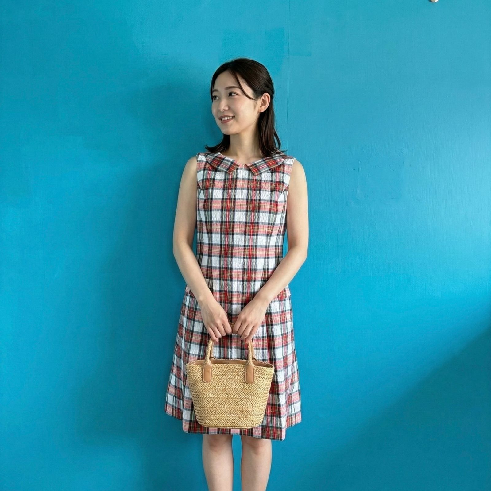 1130 René TISSUE社製 高級シルク混 ワンピース チェック柄 36 膝丈