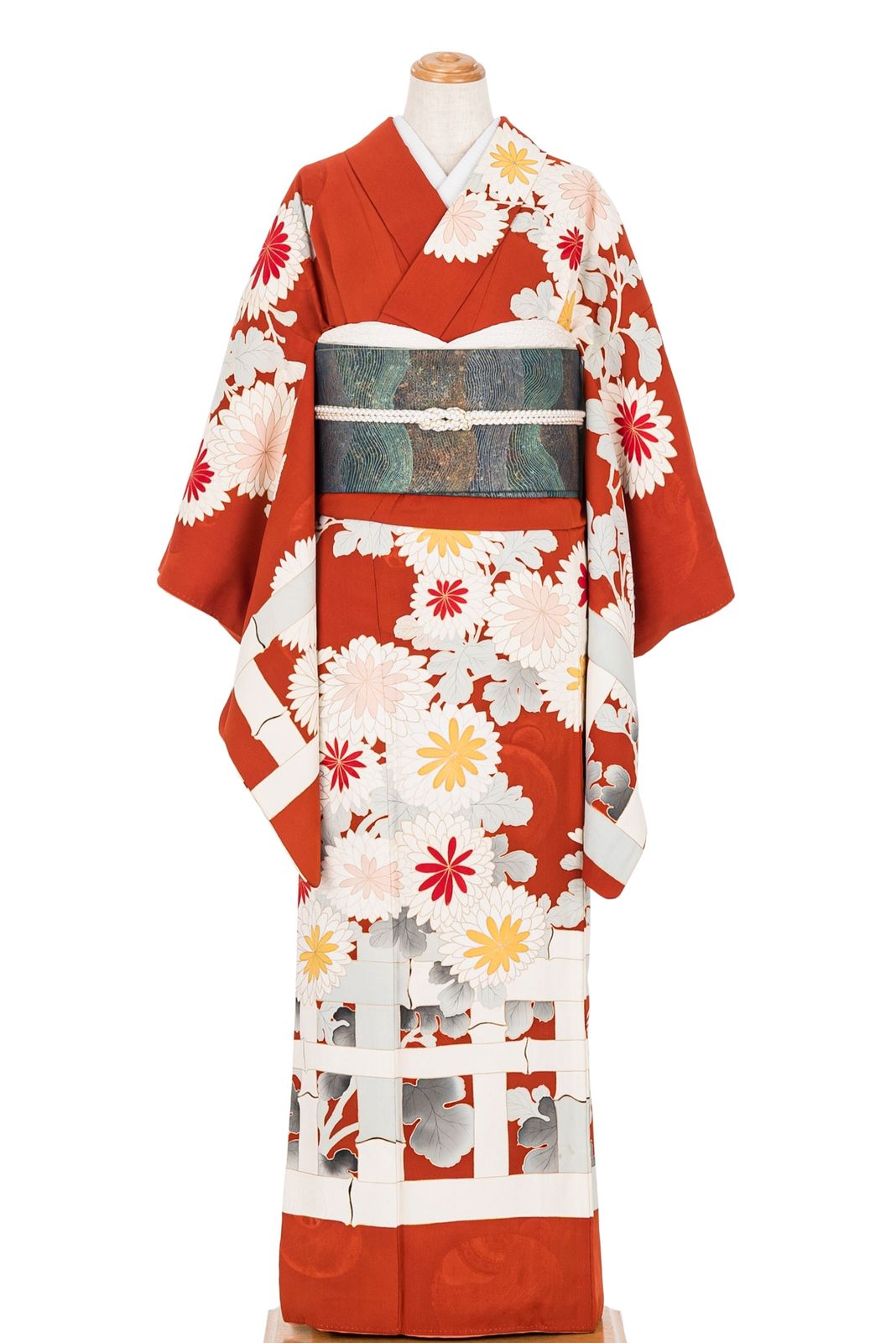 アンティーク着物 訪問着 一つ紋 竹格子に菊