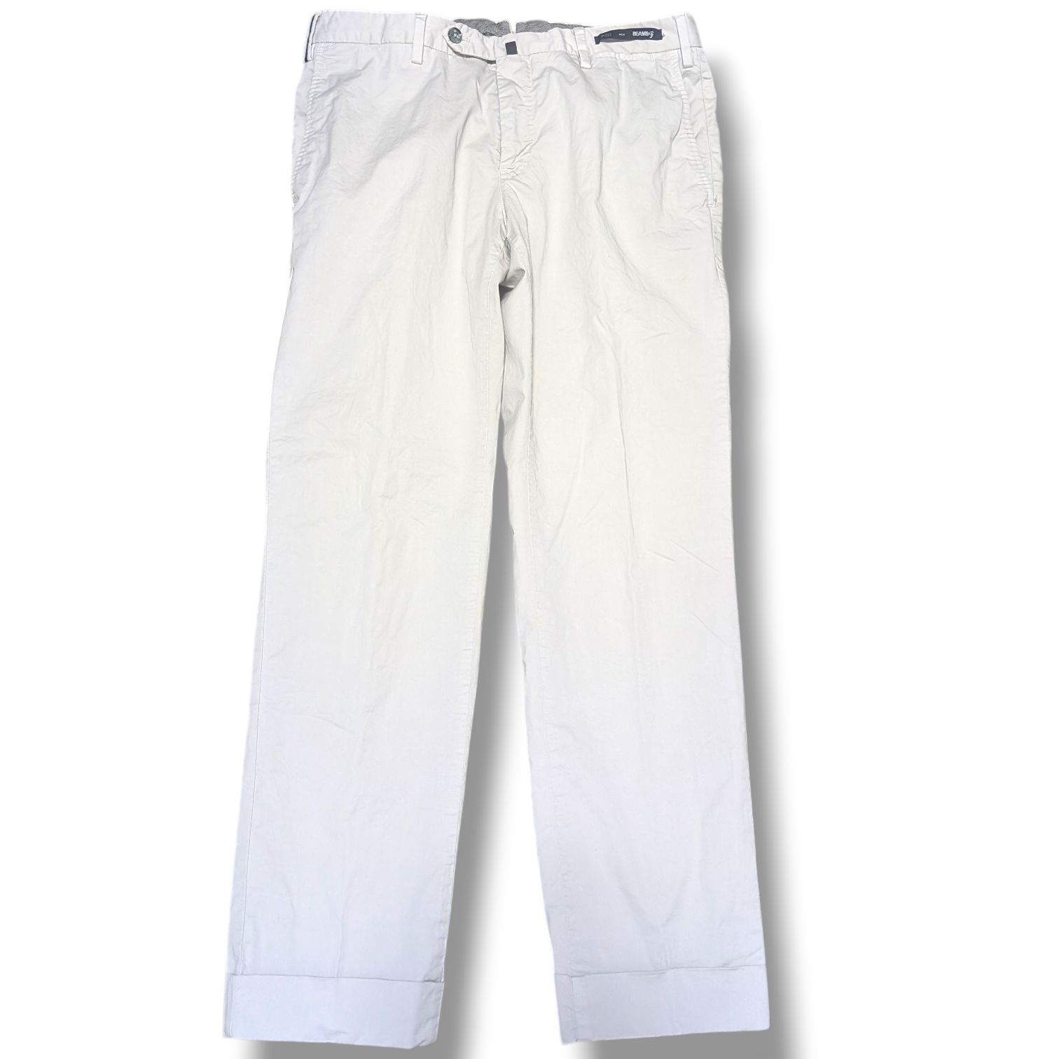 PT 01 × BEAMS F スラックス EVO FIT ストレッチ 白パン オフホワイト 別注品 ロゴボタン シェルボタン ダブル仕上げ コットン メンズ