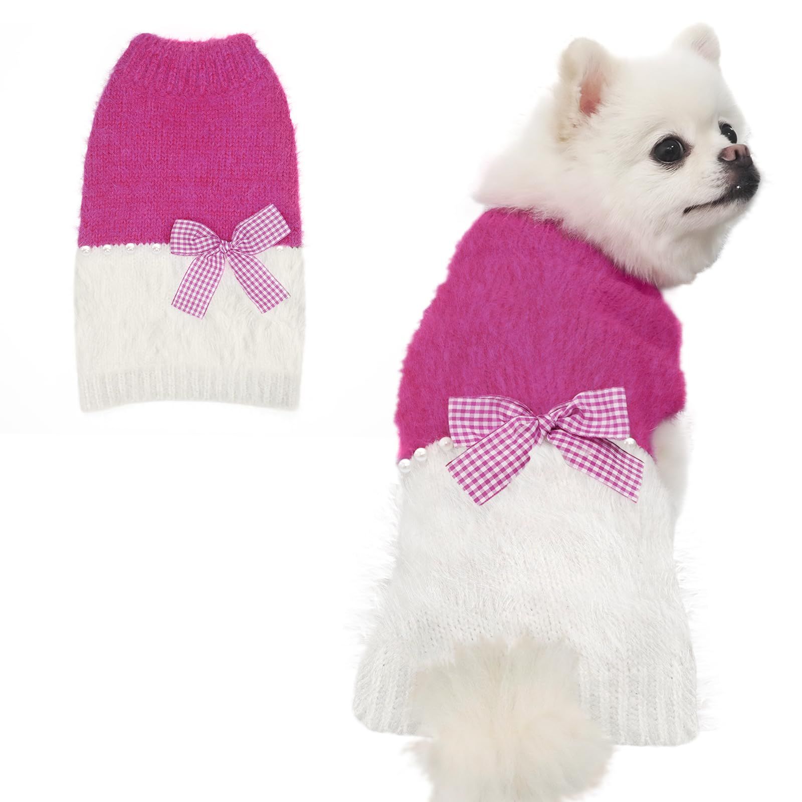 TONY HOBY 犬用セーター 冬 保温 防寒服 犬服 ニット生地 柔軟 ペット服 可愛い ファション 犬の服 新年 ペットウェア 小型犬中型犬用 ローズ＆ホワイト