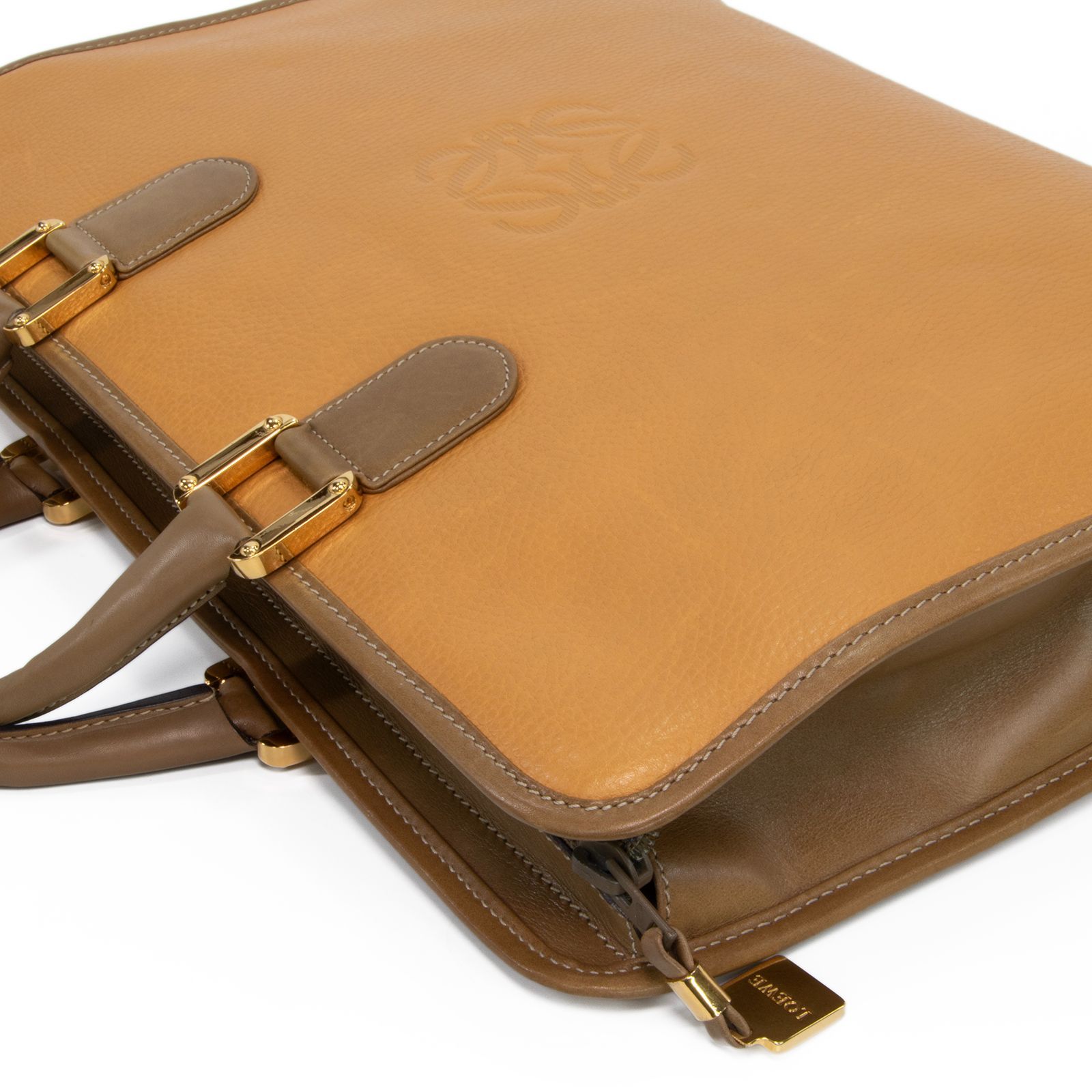 LOEWE ロエベ ケース アナグラム パース ブラウン系 キャンバス レザー レディース ラウンドファスナー ゴールド金具 美品【本物保証】 本物 送料無料 ロエベ ハンドバッグ ビジネスバッグ ブリーフケース