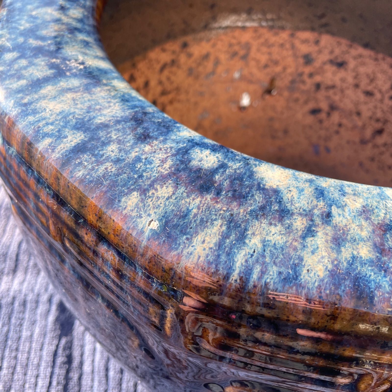 昭和レトロ 陶器製 海鼠釉 12角形 火鉢 メダカ鉢 38×28 - メルカリ