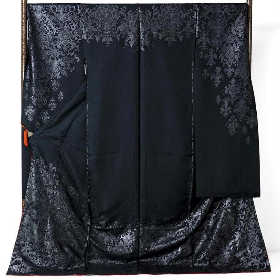 ♥品 振袖 関芳謹製 未仕立て 仮絵羽 黒 ブラック ダマスク柄 成人式