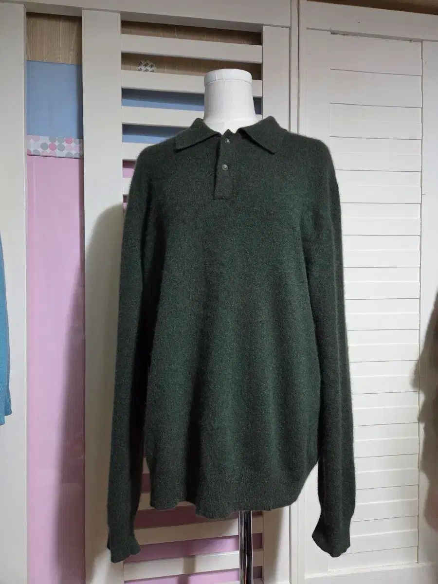 ブラックブラウン カシミア カラーネック ニット セーター ダークグリーン