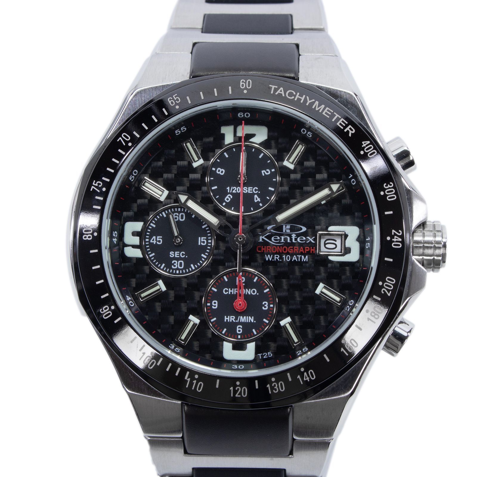 稼働品 ケンテックス 腕時計 クォーツ メンズ 500本 モデル クラフツマン S 526 M-05 黒 ブラック シルバー クロノグラフ カーボン 珍しい Y 2 K 00 ロゴ マーク メタルブレスレット ブランド Q 210