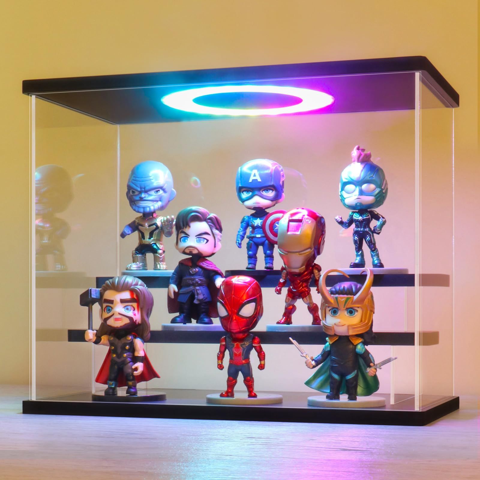 OTAKU フィギュアケース アクリル展示ケース 七色流れる光LED照明 扉付きコレクションケース 防塵 組み立て式人形ケース フィギュア収納用 手袋| クロス付属 黒色 3段棚 30 x 16 24 cm