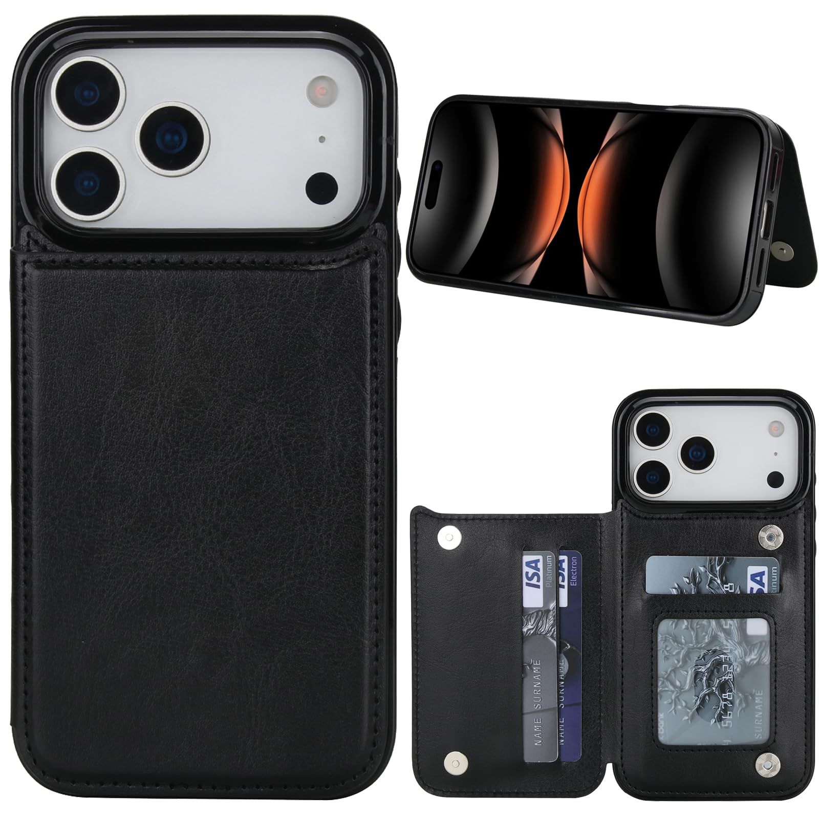 for iPhone 17 Pro ケース 手帳型 背面 カード収納 アイフォン17 カード入れ PUレザー スマホケース 耐衝撃 全面保護 多機能 指紋防止 いphone 6.3インチ ブラック