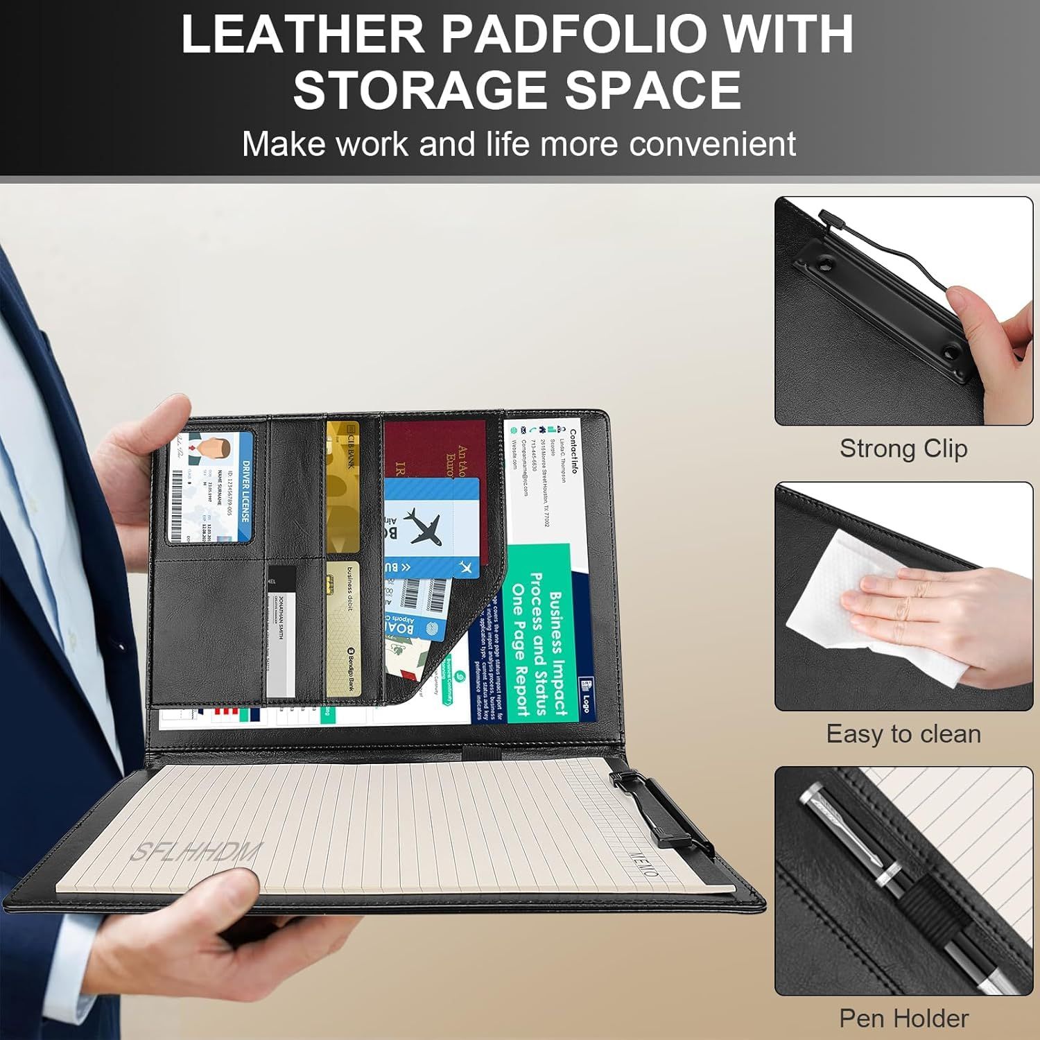  SFLHHDM 多機能 A 4 バインダー クリップボード付き カード 名刺 メモ 書類 整理 収納 クリップボードフォルダ メモ帳付き レザー ビジネス手帳 ファイル 2つ折り 革 PU クリップファイル ペンホルダー ポケット クリップボード ファイル バインダー ケース