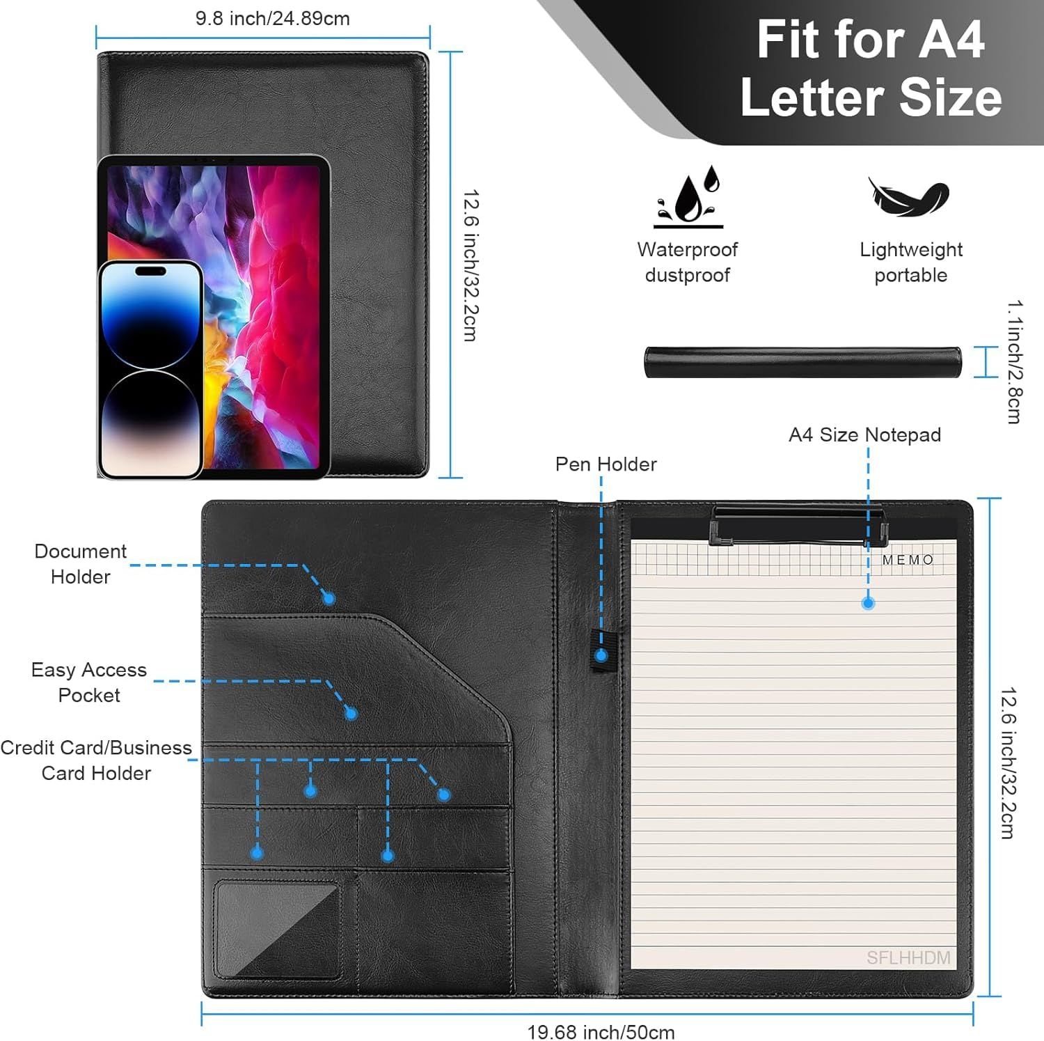 SFLHHDM 多機能 A 4 バインダー クリップボード付き カード 名刺 メモ 書類 整理 収納 クリップボードフォルダ メモ帳付き レザー ビジネス手帳 ファイル 2つ折り 革 PU クリップファイル ペンホルダー ポケット