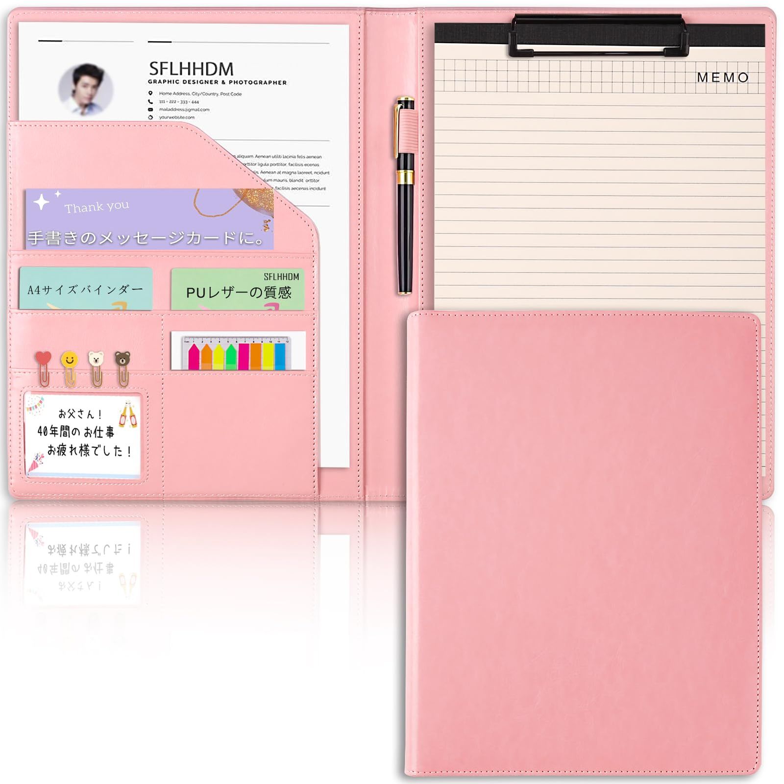 SFLHHDM 多機能 A 4 バインダー クリップボード付き カード 名刺 メモ 書類 整理 収納 クリップボードフォルダ メモ帳付き レザー ビジネス手帳 ファイル 2つ折り 革 PU クリップファイル ペンホルダー ポケット