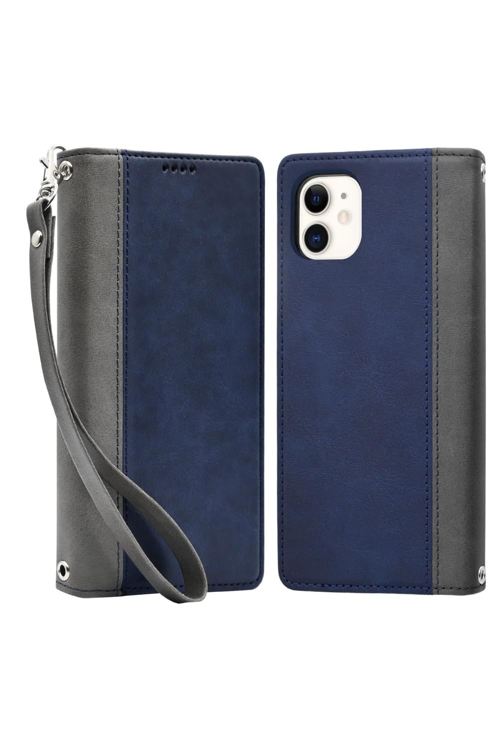 シズカウィル iPhone 11 ケース カバー 手帳型 本革調 レザーケース ネイビー×グレー 入り
