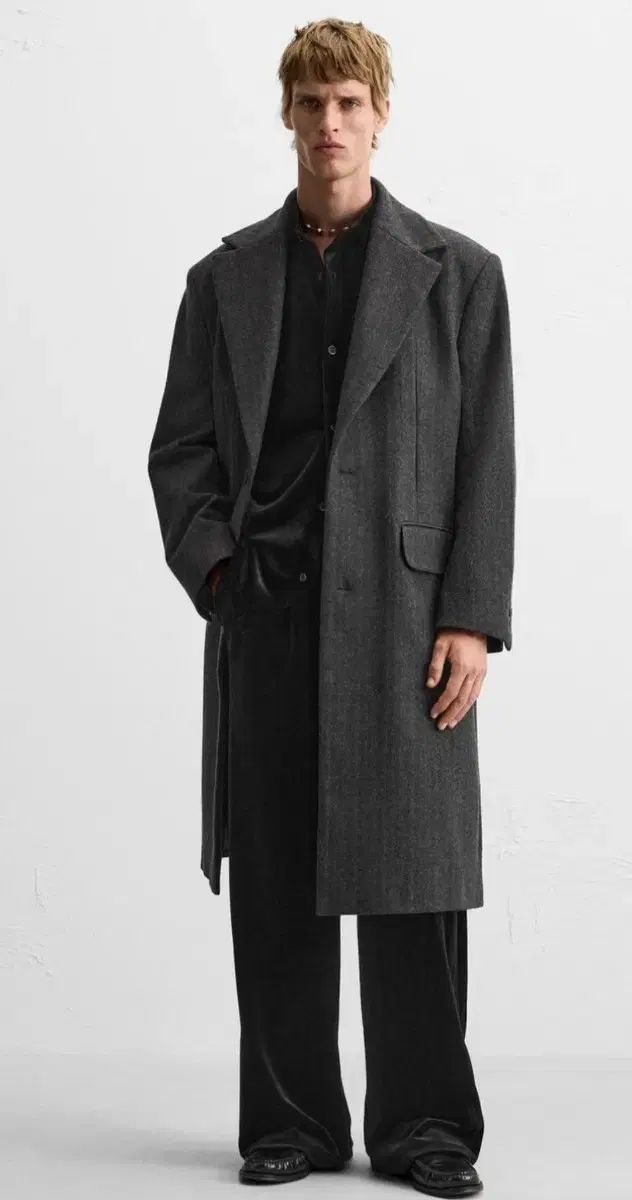 ザラ グレー ヘリンボーン ストライプ ロングコート L